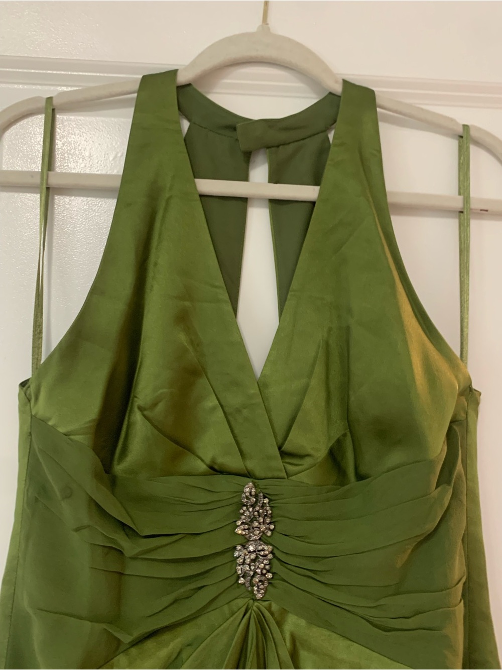 Kay Unger Olive Green Halter Prom Gown with Draped Front